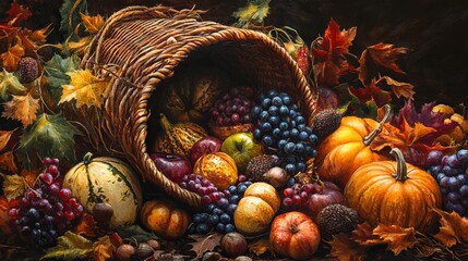 Canvas Print - A basket full of fruits and vegetables including apples, grapes, squash