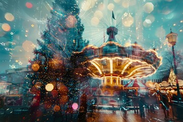 Poster - A merry-go-round is in front of a Christmas tree. The merry-go-round is lit up and surrounded by people