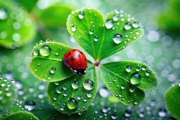 Close-up image of a ladybug crawling on a four leaf clover in dew