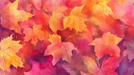 Wall Mural - A painting of many orange leaves with a pink background