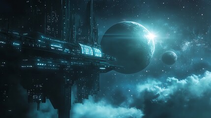 Wall Mural - a futuristic spaceship hovers above a planet and moon, bathed in the blue glow of a distant star.