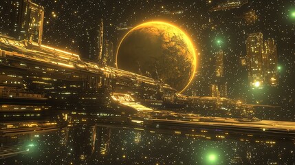 Wall Mural - a gleaming, golden spaceship floats against a backdrop of stars and a glowing planet.