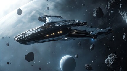 Wall Mural - a futuristic spaceship soars through an asteroid field in deep space.