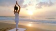 © maesarin - Woman Practicing Yoga at Serene Sunrise Beach Retreat for Wellness and Mindfulness  Peaceful Outdoor Scene of Female Silhouette Meditating on Sand with Ocean and Sky in Background