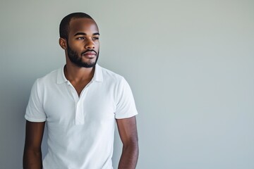 Stylish Black man in casual wear standing against a light gray wall during daylight hours