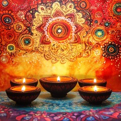 Sticker - A colorful painting with a flowery design and a yellow background. The painting is surrounded by five lit candles in small bowls