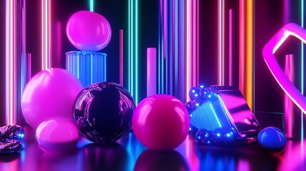 Wall Mural - Abstract 3D render of colorful, glowing objects against neon lights.
