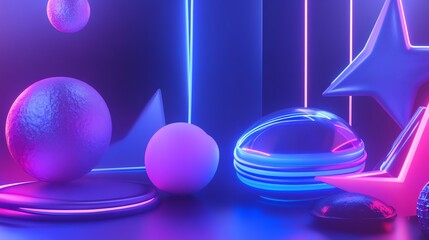 Wall Mural - Abstract 3D render with glowing spheres and stars in a futuristic neon background.