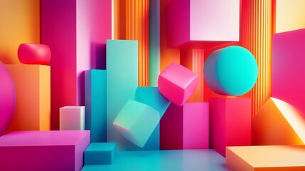 Wall Mural - 3D rendering of various colorful geometric shapes arranged in a modern abstract composition.