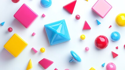 Wall Mural - colorful geometric shapes and spheres scattered on a white background.