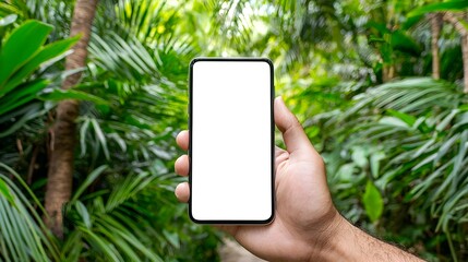 Wall Mural - close up photograph of a human hand holding a modern smartphone device with a blank empty display sc
