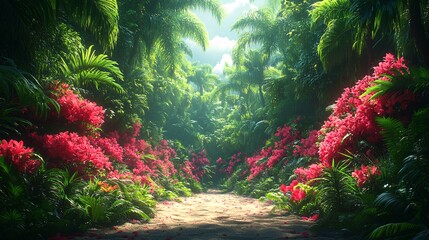 Vibrant Jungle Pathway Surrounded by Lush Greenery