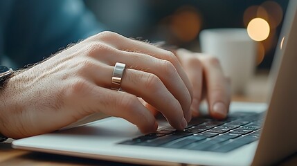 Wall Mural - hands typing rapidly on a sleek and compact laptop keyboard in a professional office or home work se