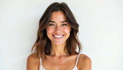 Wall Mural - Portrait of a young Latina woman with a bright smile, isolated against a plain white background.