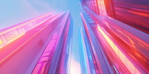 Wall Mural - Artistic representation of a synthwave skyscraper, with dynamic colors and abstract, futuristic designs.