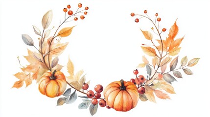 Canvas Print - Autumn Harvest Wreath with Pumpkins and Berries Watercolor Illustration