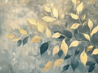 Canvas Print - Abstract artistic background featuring retro nostalgic golden brushstrokes Textured oil on canvas with floral leaves in green and gray suitable for wallpaper posters cards and prints