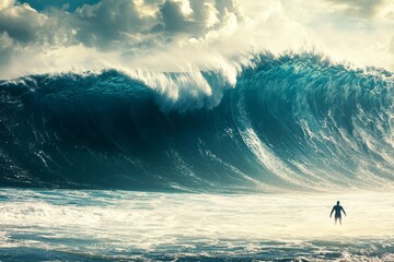 Wall Mural - a single surfer facing a towering wave