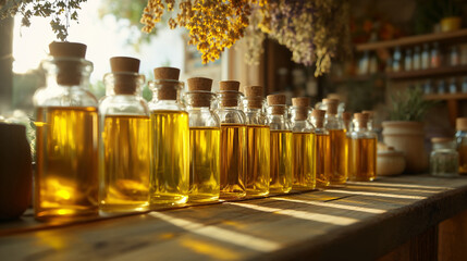 Wall Mural - Bottles of essential oils with closed corks stand on a wooden table, on the wall hanging farts of dried herbs and stands mortar. Alternative herbal medicine.
