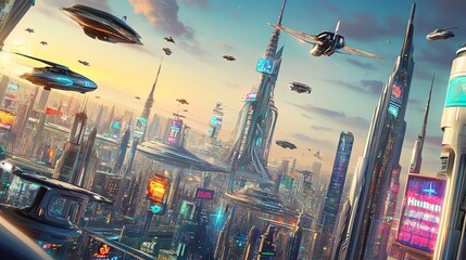 Wall Mural - Futuristic cityscape with flying vehicles at sunset.