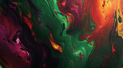 Wall Mural - Abstract textured painting featuring chaotic strokes in green red and violet Fractal design with elements of fantasy in a digital art style rendered in 3D