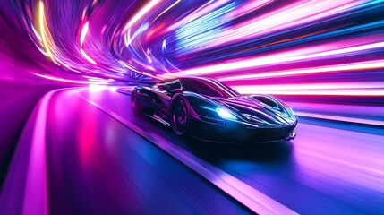 Wall Mural - black sports car speeding through a neon tunnel.