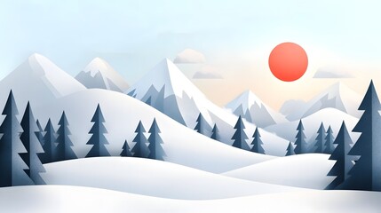 Wall Mural - Minimalist flat design of a serene winter landscape with snow covered trees and geometric mountain silhouettes against a peaceful icy backdrop