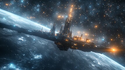 Wall Mural - a large, futuristic spaceship hovers over a planet in a starry night sky.