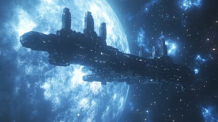Wall Mural - a large futuristic spaceship travels through space with a moon in the background.