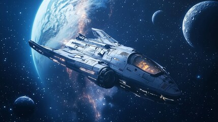 Wall Mural - futuristic spaceship soaring through space near a planet and moons.