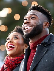 A joyful couple smiles together, gazing upward at festive lights, embodying warmth and happiness during a winter celebration.