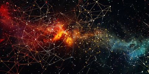 Poster - A vibrant abstract representation of a cosmic network with glowing nodes and interconnected lines set against a deep space background.