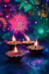 Sticker - A colorful background with flowers and a few lit candles. The candles are arranged in a row, with one candle in the middle and two on each side. Concept of warmth and celebration