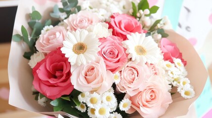 Wall Mural - bouquet featuring pink roses and white daisies