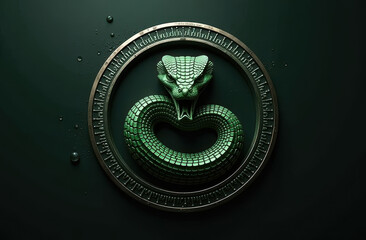 A vibrant green snake is intricately wrapped around a wornout tire that sits on a striking dark background