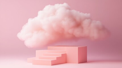 3d render of an abstract pink fantasy background featuring a cloud above a pedestal with stairs and 