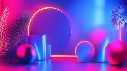 Wall Mural - Abstract, colorful, geometric shapes with neon lighting and palm leaves.