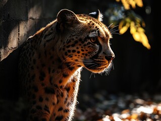 Wall Mural - A cheetah with a spotted coat sits in the dappled sunlight, gazing intently to the side.