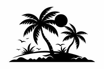 Beach Palm and sun black silhouette vector illustration