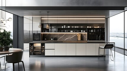 A modern kitchen with a minimalist design, glossy cabinets, and integrated lighting for a futuristic look