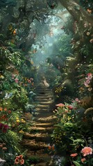 Canvas Print - A girl is walking down a path in a lush, colorful garden. The flowers are in full bloom and there are butterflies fluttering around her. The scene is peaceful and serene