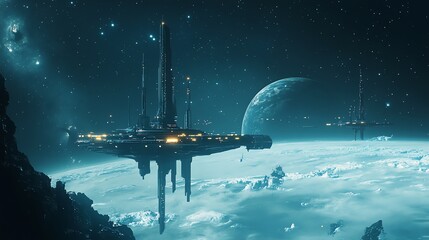 Wall Mural - a futuristic space station hovers above a planet with a ring system.