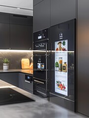 Aufkleber - The kitchen is equipped with a high-tech refrigerator displaying grocery lists and a smart oven allowing voice-controlled cooking options. Generative AI