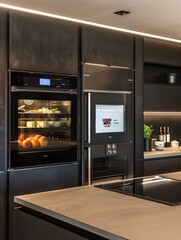 Fototapete - This high-tech kitchen showcases a smart refrigerator with a touchscreen and a voice-controlled oven, perfect for modern cooking. Generative AI
