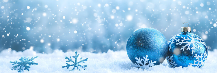 Wall Mural - Blue Christmas ornaments and snowflakes on snowy background create festive atmosphere