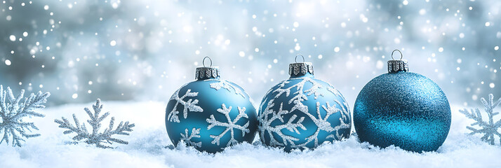 Wall Mural - Snowy blue Christmas ornaments and snowflakes create festive atmosphere