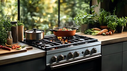 A kitchen counter with a gas stovetop, a pot of steaming vegetables, and various ingredients.