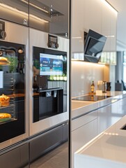 Fototapete - The kitchen showcases high-tech appliances, including a smart refrigerator and oven, designed for convenience and efficiency. Generative AI