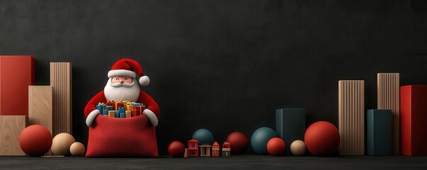 Wall Mural - A festive scene featuring Santa Claus with a bag of gifts and colorful decorations, set against a dark background.