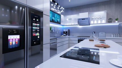 Fototapete - This high-tech kitchen features a smart refrigerator showcasing grocery lists and a voice-activated oven for effortless meal preparation. Generative AI